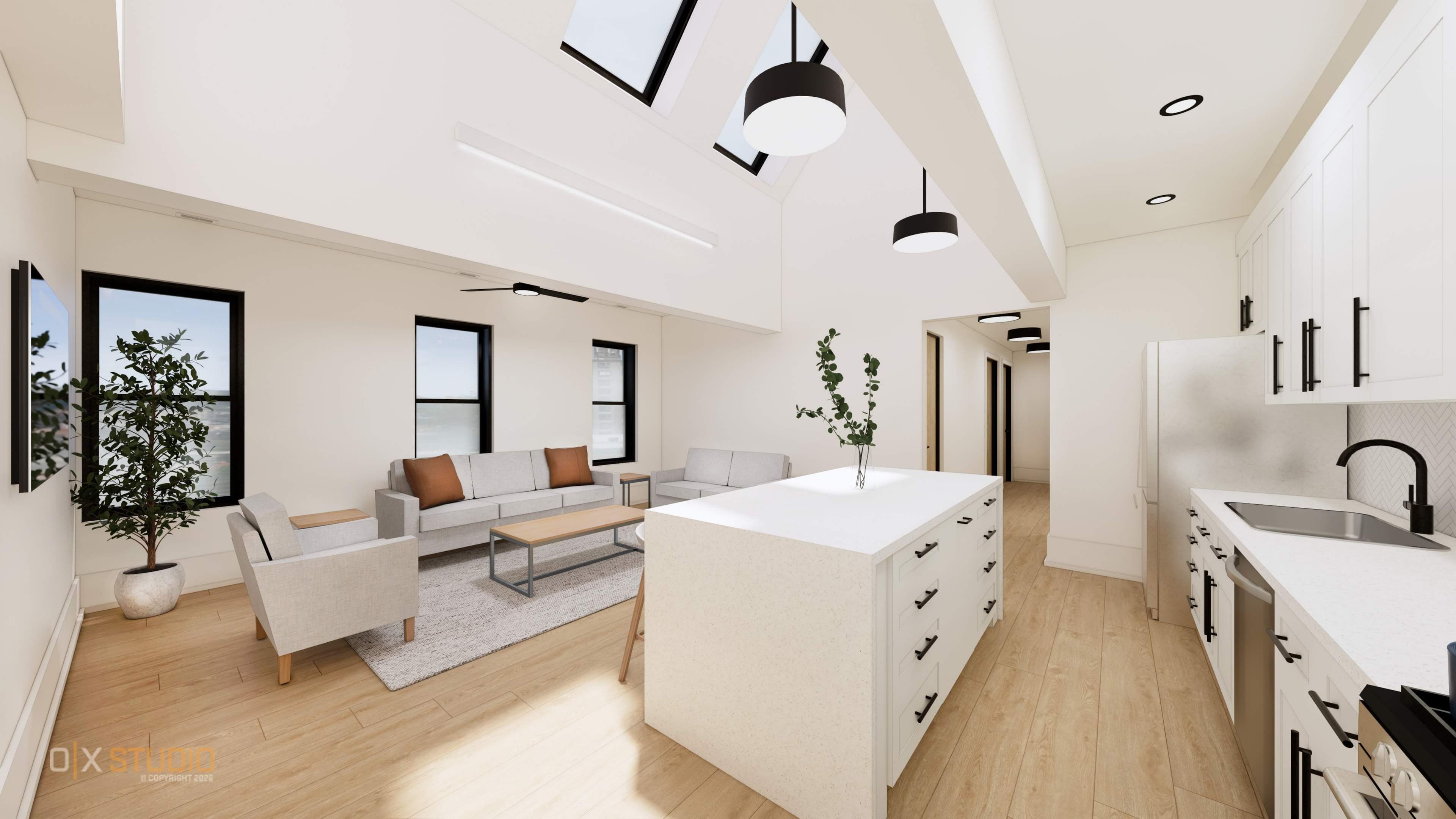 Sunlit living room and kitchen interior at 621 William